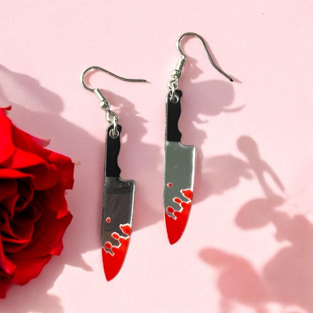 Acrylic Knife Earrings: Bloody Chef Knife, True Crime Jewelry