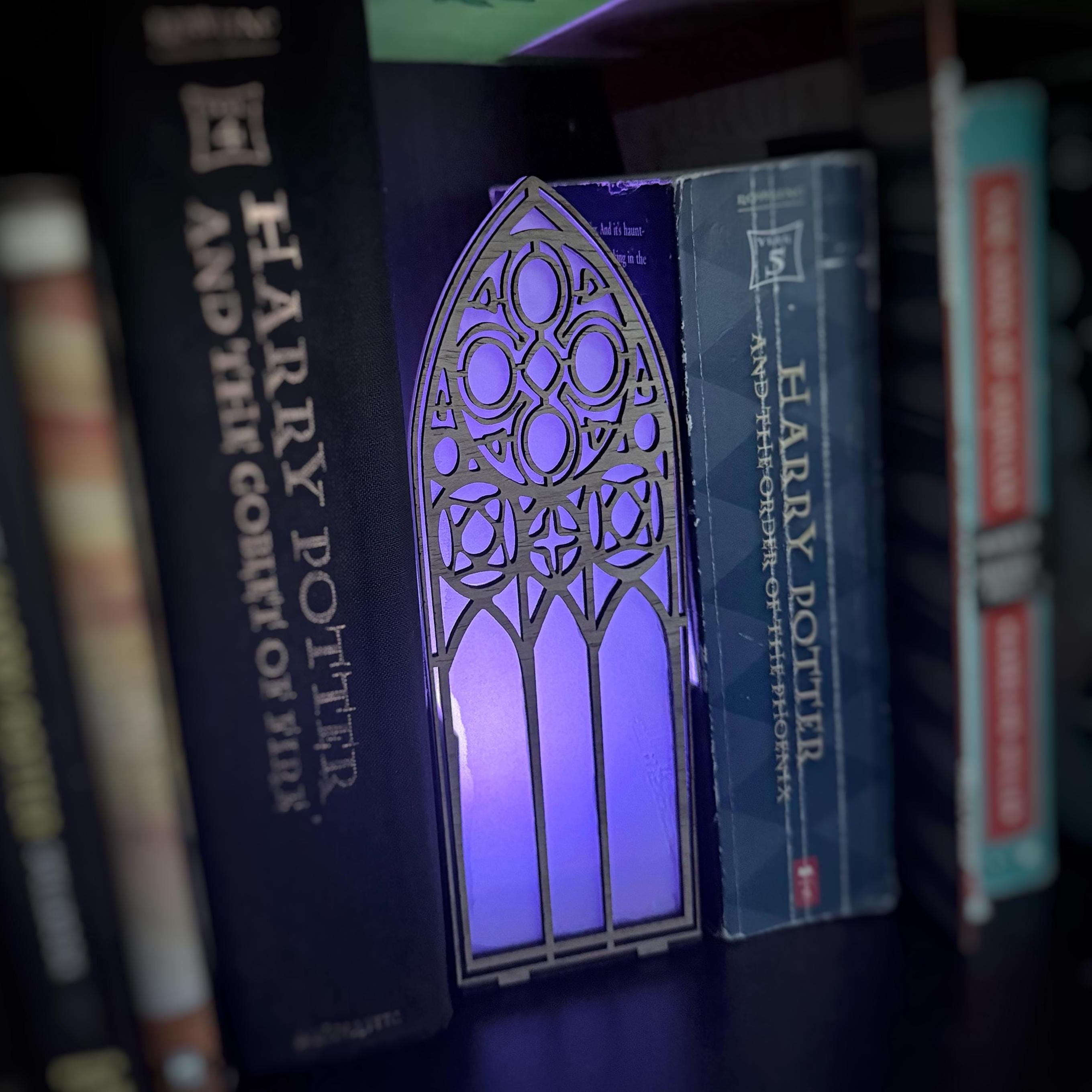 Gothic Cathedral Window Book Nook Insert with Multicolor LED Tea Light Handmade Bookshelf Decor for Reader