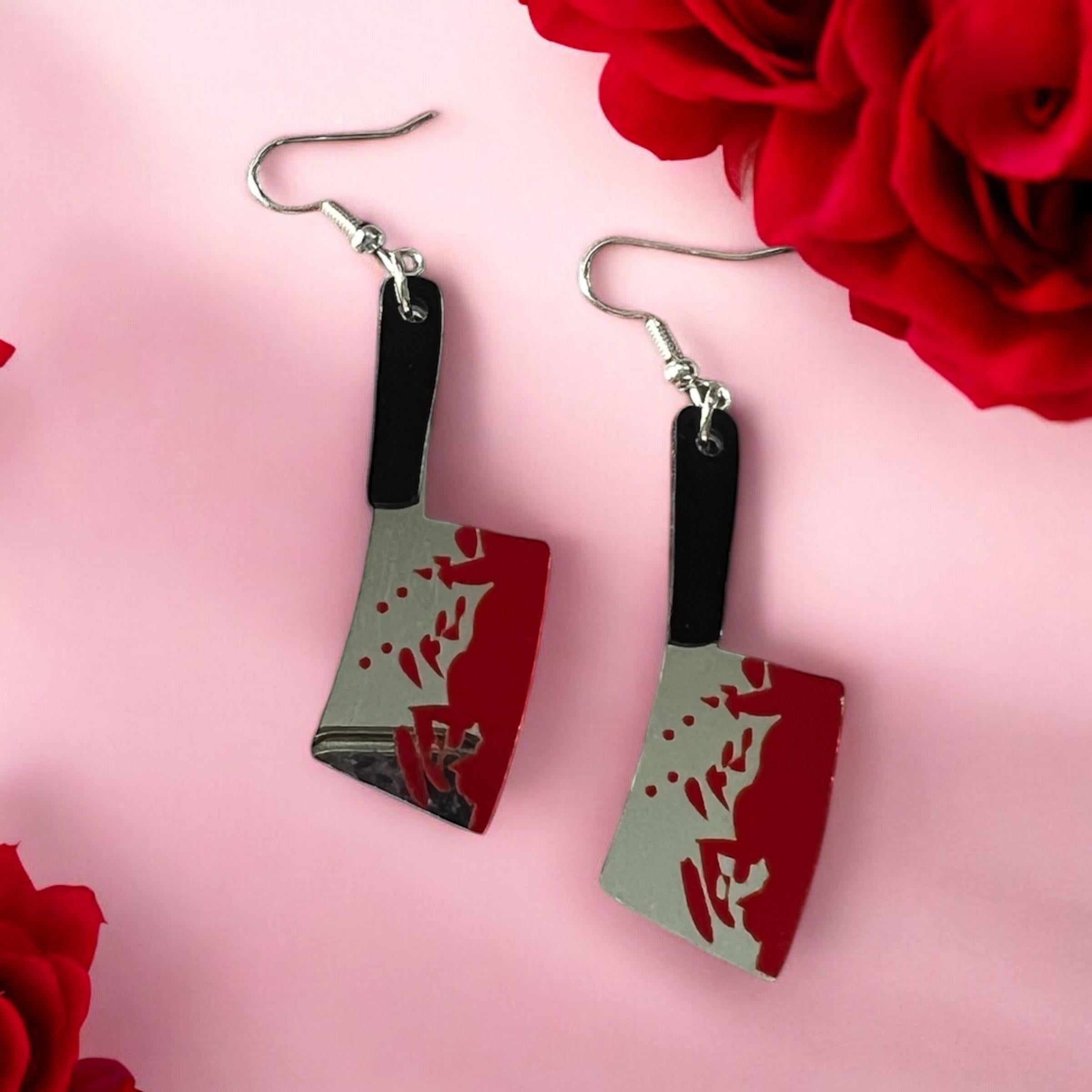 Acrylic Cleaver Earrings: Bloody Knife, True Crime Fan Jewelry