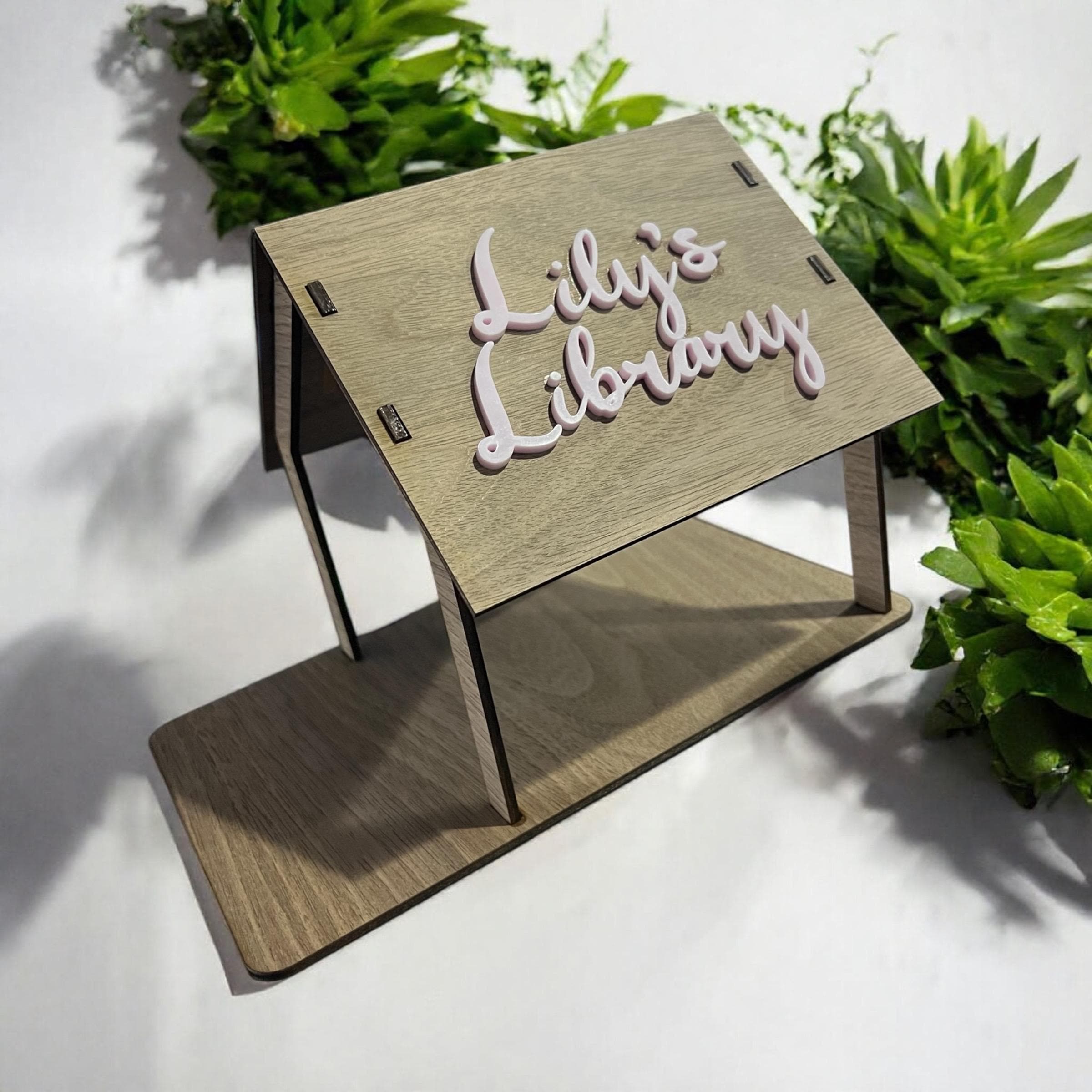 Personalized Walnut Wood Book House Stand: Acrylic Name Plate Reader Gift