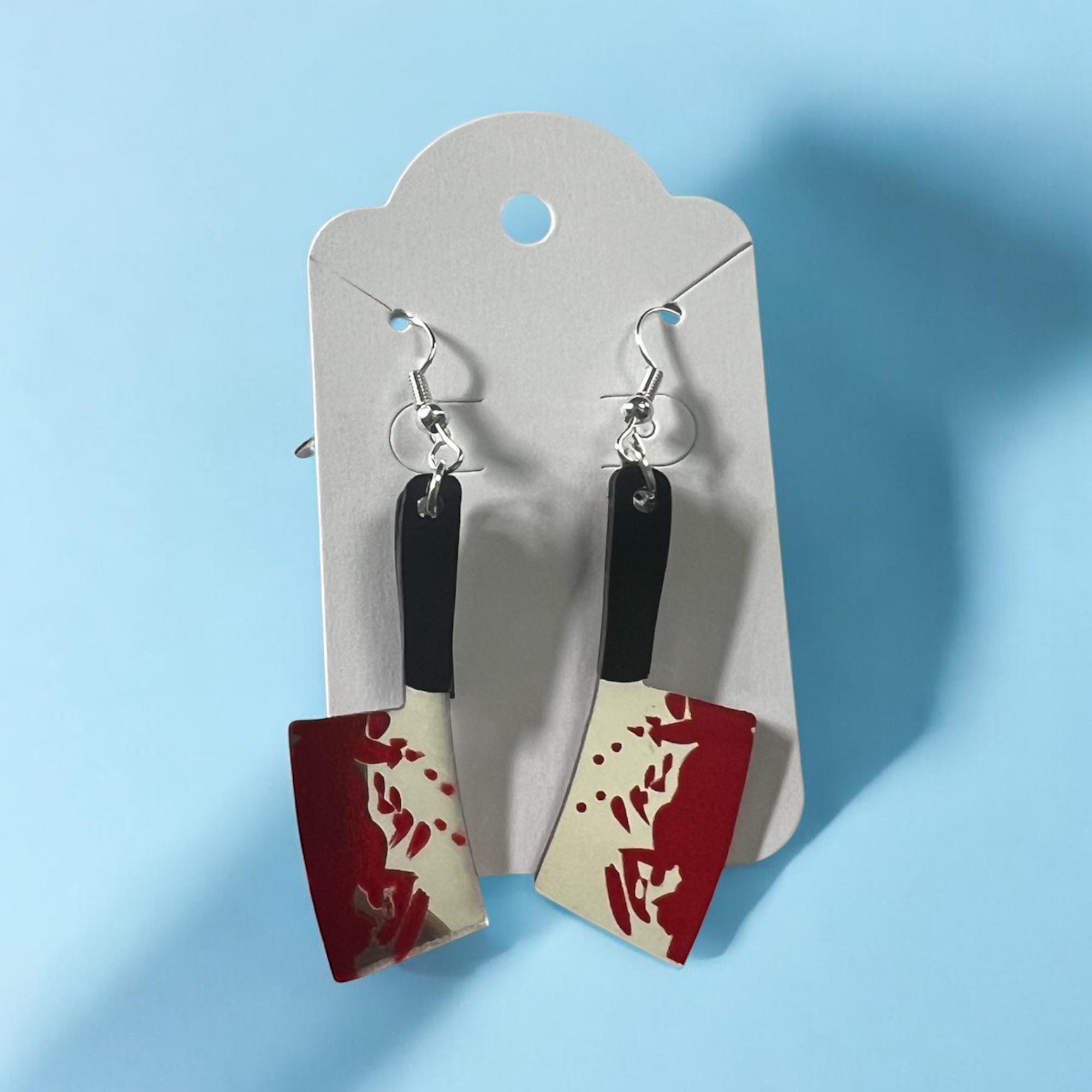 Acrylic Cleaver Earrings: Bloody Knife, True Crime Fan Jewelry