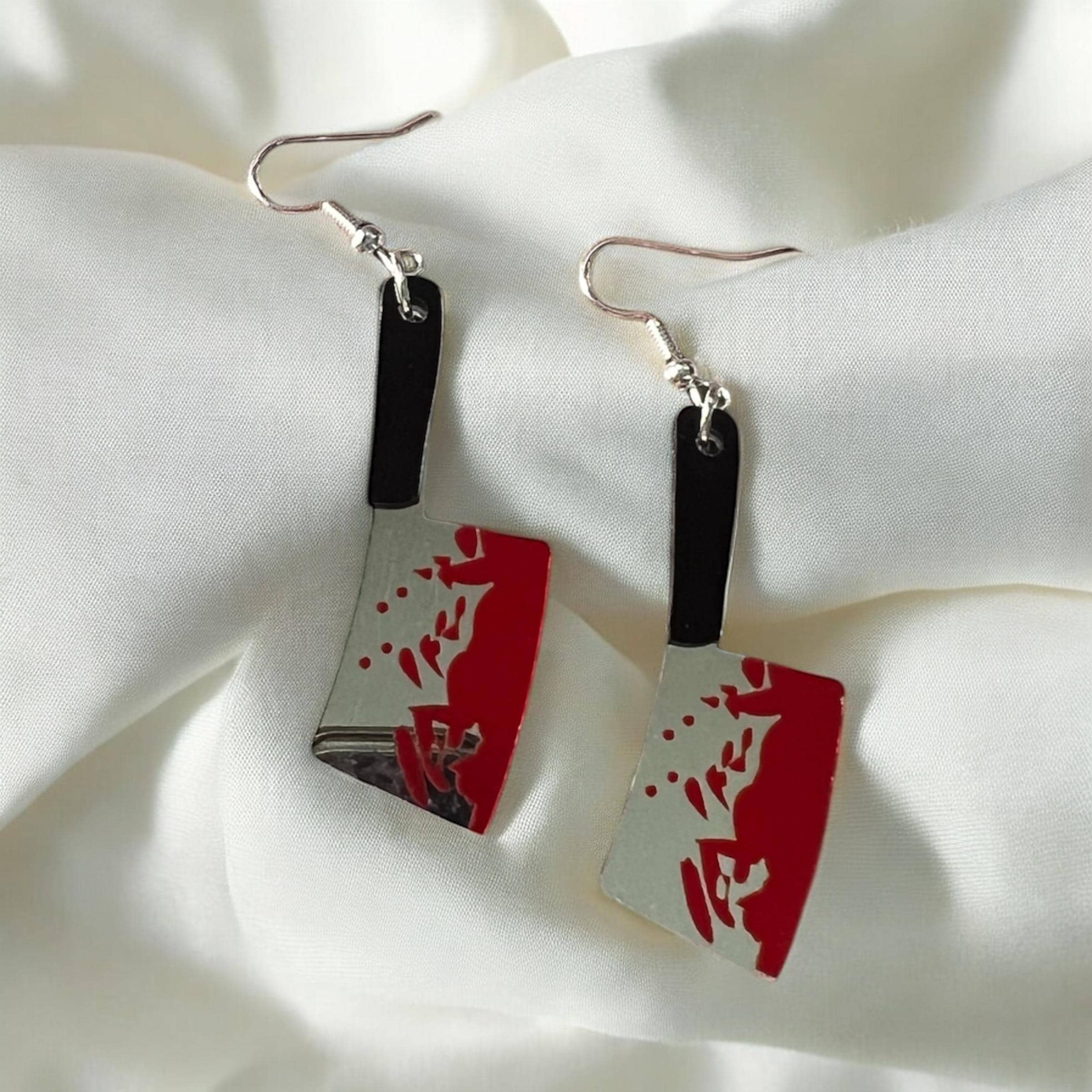 Acrylic Cleaver Earrings: Bloody Knife, True Crime Fan Jewelry
