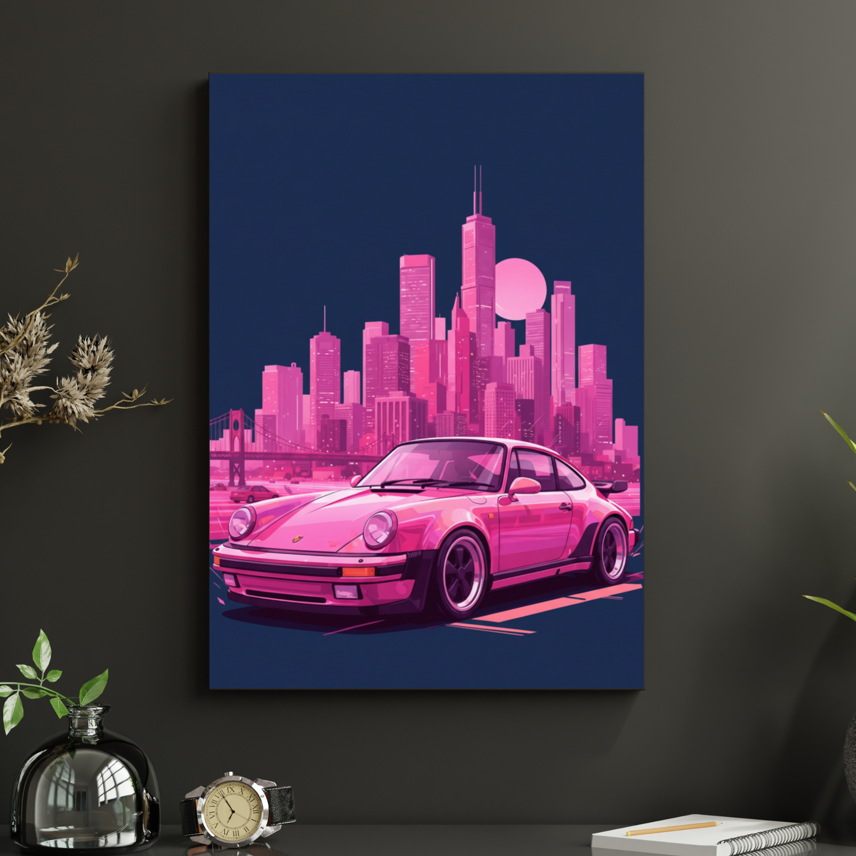 Neon Pink Sports Car Cityscape Poster Retro Synthwave Wall Art Print